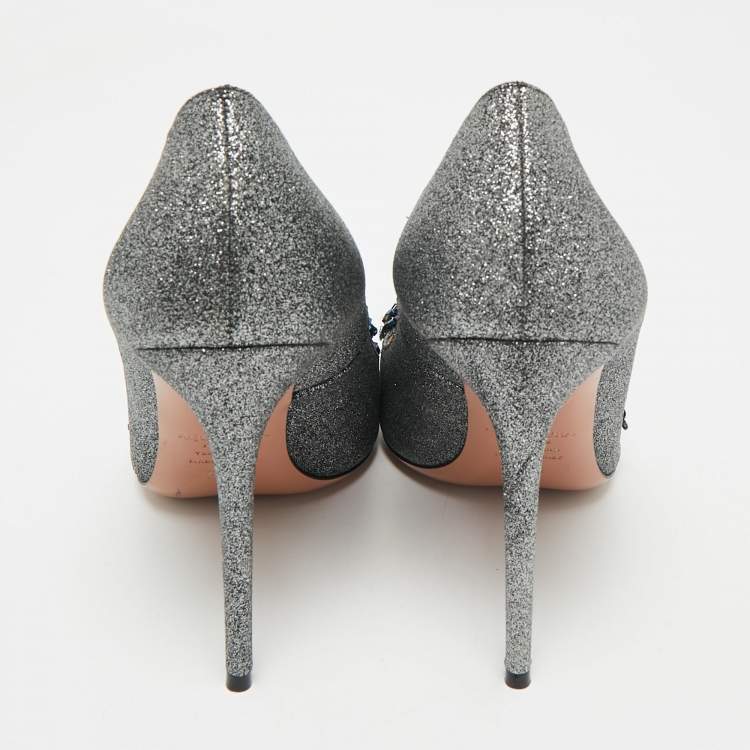 Pre Owned Aquazzura Grey Glitter Leather Poison Embellished Pumps Size 38.5