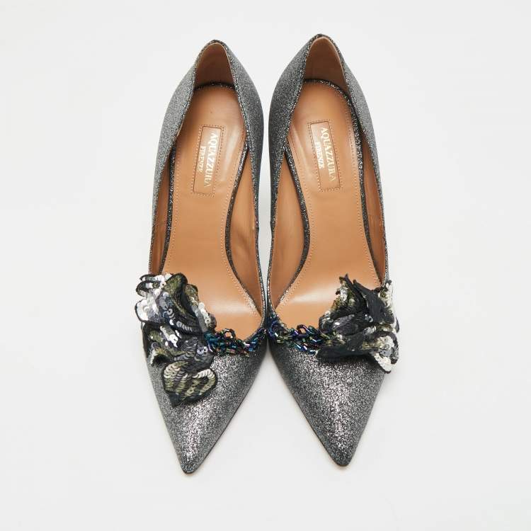 Pre Owned Aquazzura Grey Glitter Leather Poison Embellished Pumps Size 38.5