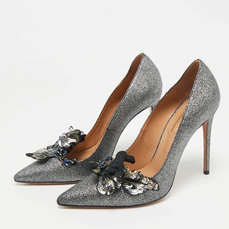 Pre Owned Aquazzura Grey Glitter Leather Poison Embellished Pumps Size 38.5