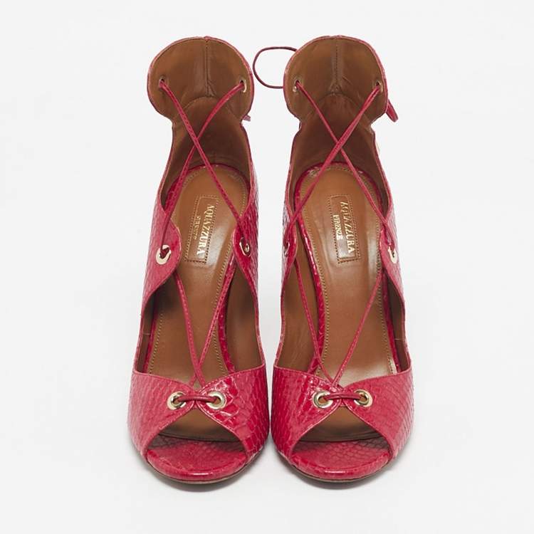 Pre Owned Aquazzura Red Snakeskin Tango Curvy Sandals Size 39