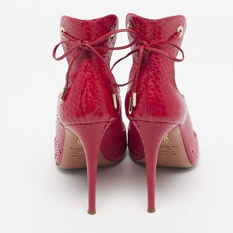 Pre Owned Aquazzura Red Snakeskin Tango Curvy Sandals Size 39
