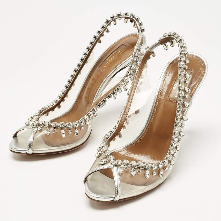 Pre Owned Aquazzura Silver/Transparent Leather and PVC Temptation Slingback Sandals Size 38