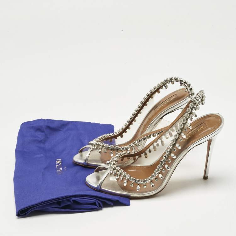Pre Owned Aquazzura Silver/Transparent Leather and PVC Temptation Slingback Sandals Size 38