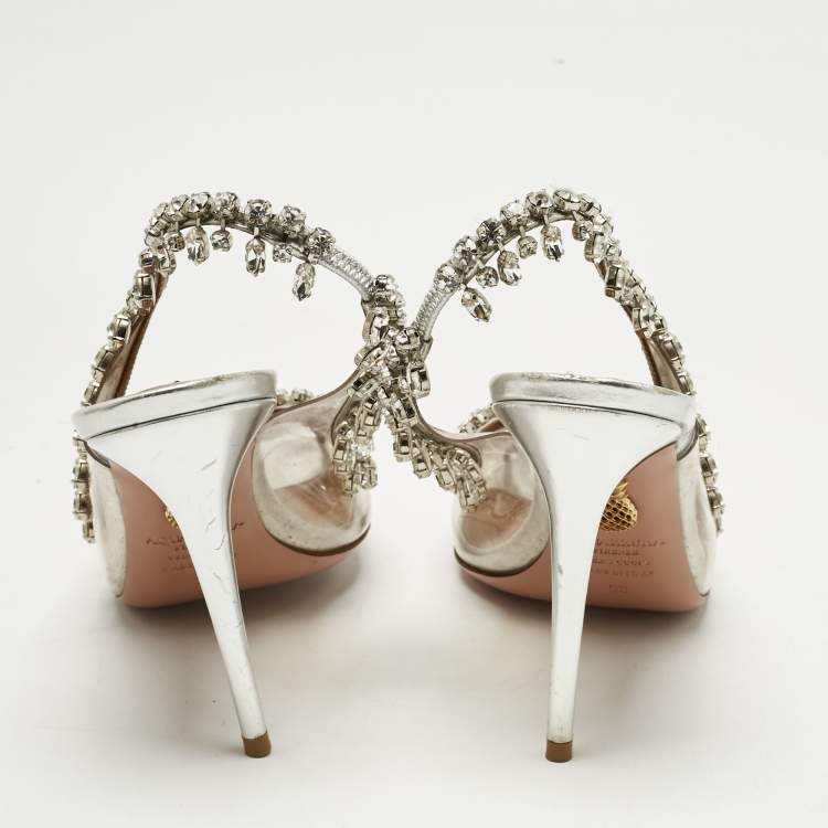 Pre Owned Aquazzura Silver/Transparent Leather and PVC Temptation Slingback Sandals Size 38