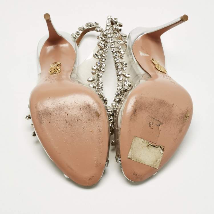 Pre Owned Aquazzura Silver/Transparent Leather and PVC Temptation Slingback Sandals Size 38