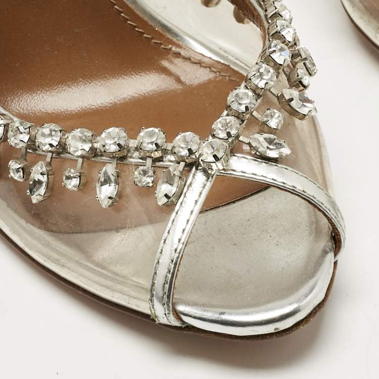 Pre Owned Aquazzura Silver/Transparent Leather and PVC Temptation Slingback Sandals Size 38