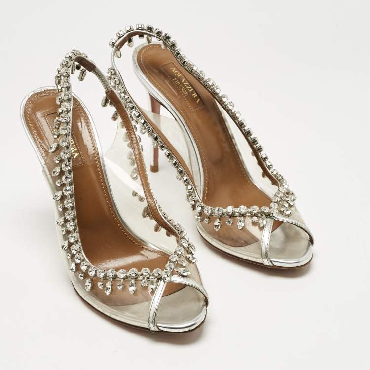 Pre Owned Aquazzura Silver/Transparent Leather and PVC Temptation Slingback Sandals Size 38