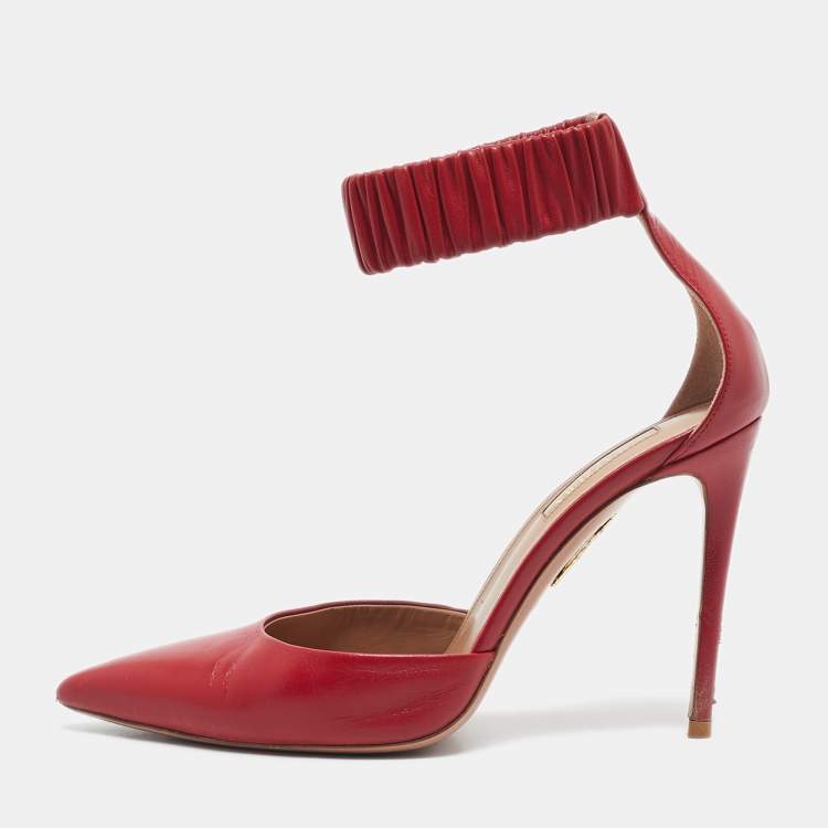 Pre Owned Aquazzura Red Leather Ankle Cuff Pointed Toe Sandals Size 38.5