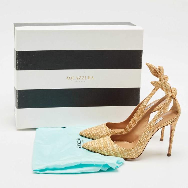 Pre Owned Aquazzura Beige Woven Raffia Bow Tie Pumps Size 35