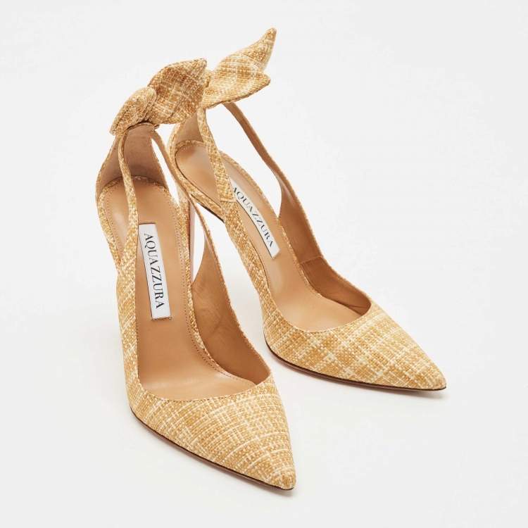 Pre Owned Aquazzura Beige Woven Raffia Bow Tie Pumps Size 35