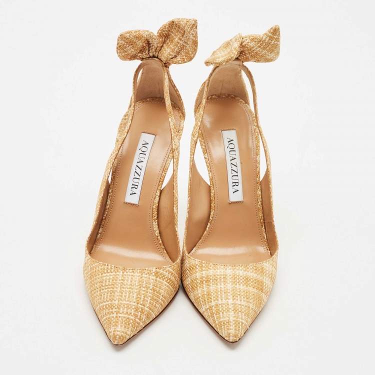 Pre Owned Aquazzura Beige Woven Raffia Bow Tie Pumps Size 35
