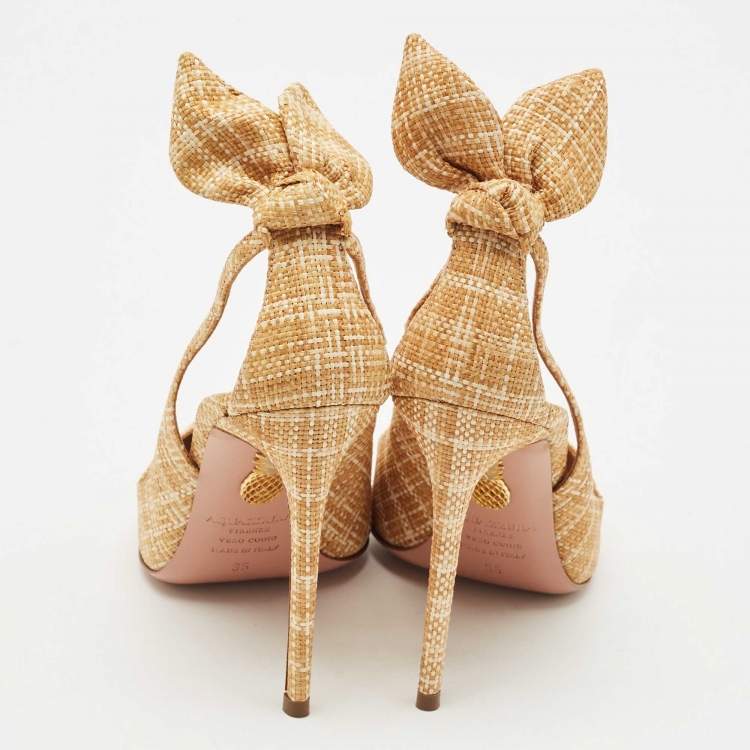 Pre Owned Aquazzura Beige Woven Raffia Bow Tie Pumps Size 35