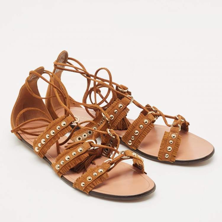 Pre Owned Aquazzura Brown Suede Studded Tulum Flat Sandals Size 37