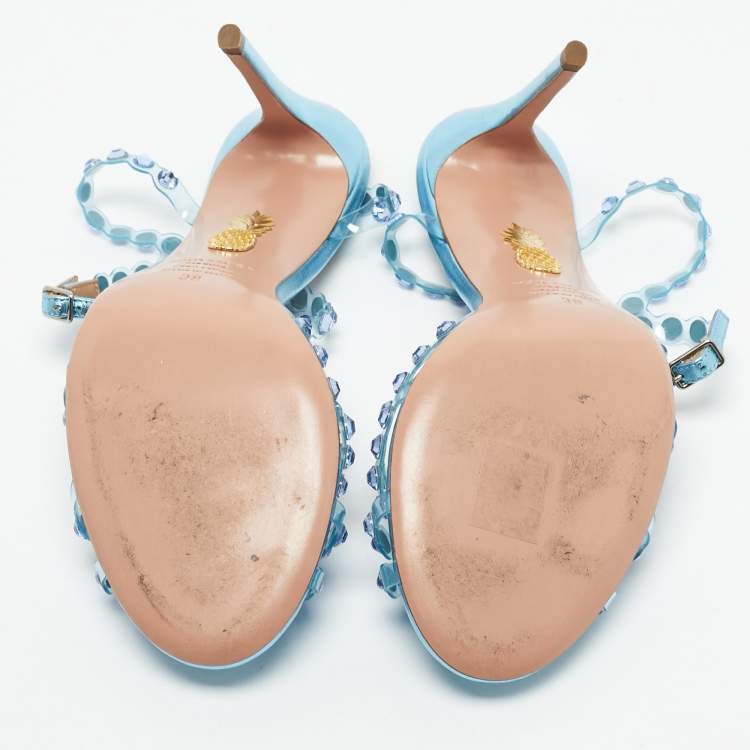 Pre Owned Aquazzura Blue PVC and Leather Crystal Embellished Tequila Sandals Size 38