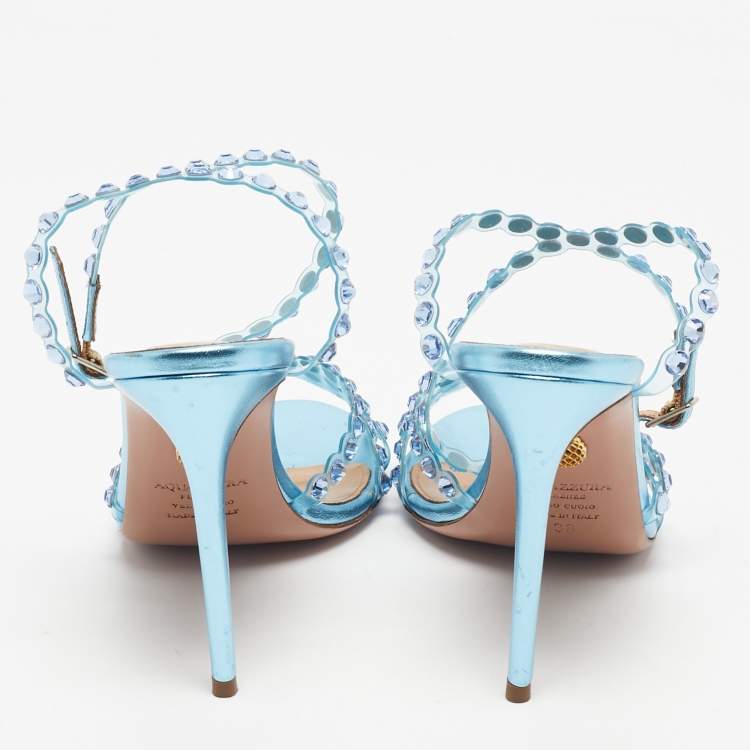 Pre Owned Aquazzura Blue PVC and Leather Crystal Embellished Tequila Sandals Size 38