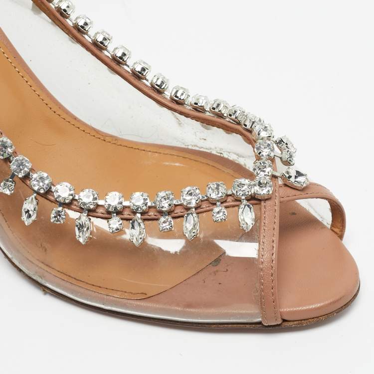 Pre Owned Aquazzura Beige/Transparent PVC And Leather Temptation Crystal Pumps Size 39.5