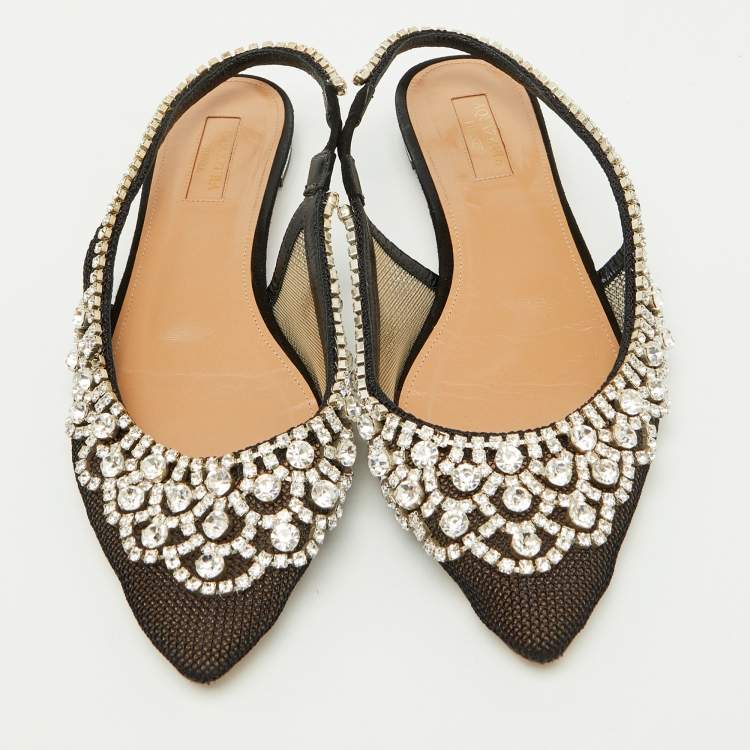 Pre Owned Aquazzura Black Mesh Crystal Embellished Marahani Slingback Flats Size 38