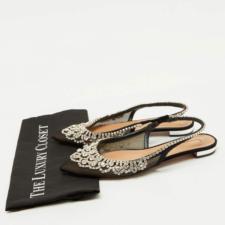 Pre Owned Aquazzura Black Mesh Crystal Embellished Marahani Slingback Flats Size 38