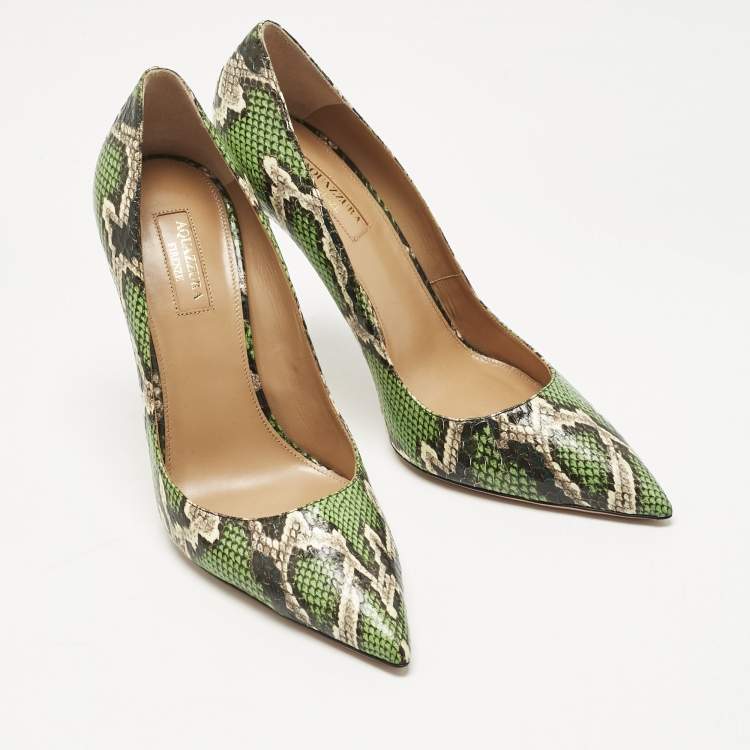 Pre Owned Aquazzura Green/Brown Snakeskin Leather Purist Pumps Size 39.5