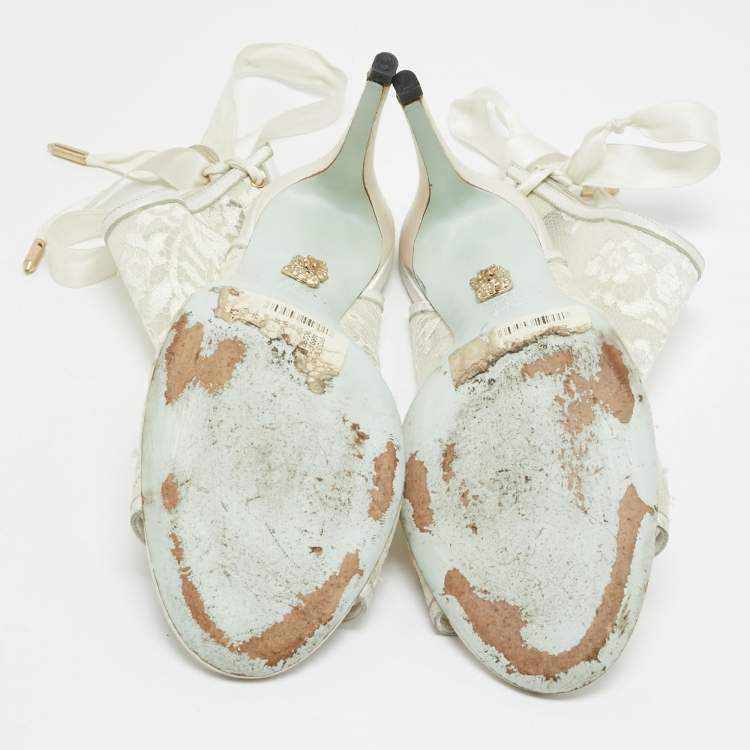 Pre Owned Aquazzura White Lace and Satin Sexy Thing Bridal Cut Out  Ankle Wrap Sandals Size 40.5