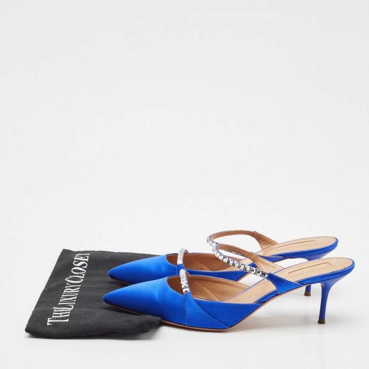 Pre Owned Aquazzura Blue Satin Crystal Embellished Mule Sandals Size 39.5