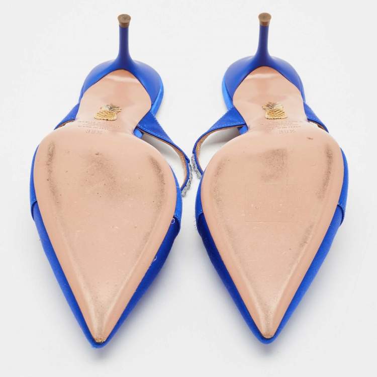 Pre Owned Aquazzura Blue Satin Crystal Embellished Mule Sandals Size 39.5
