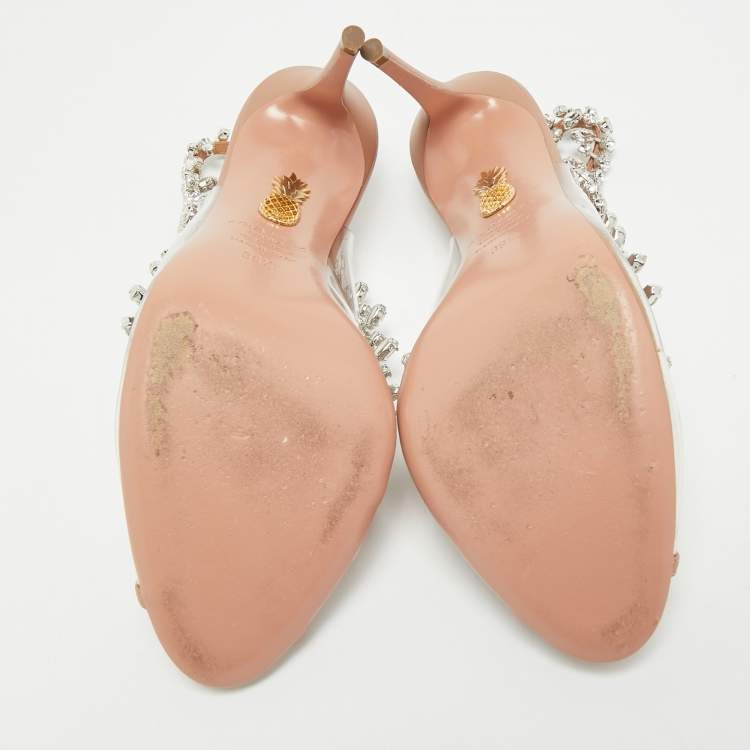 Pre Owned Aquazzura Silver/Transperent Leather and PVC Temptation Peep Toe Pumps Size 39.5