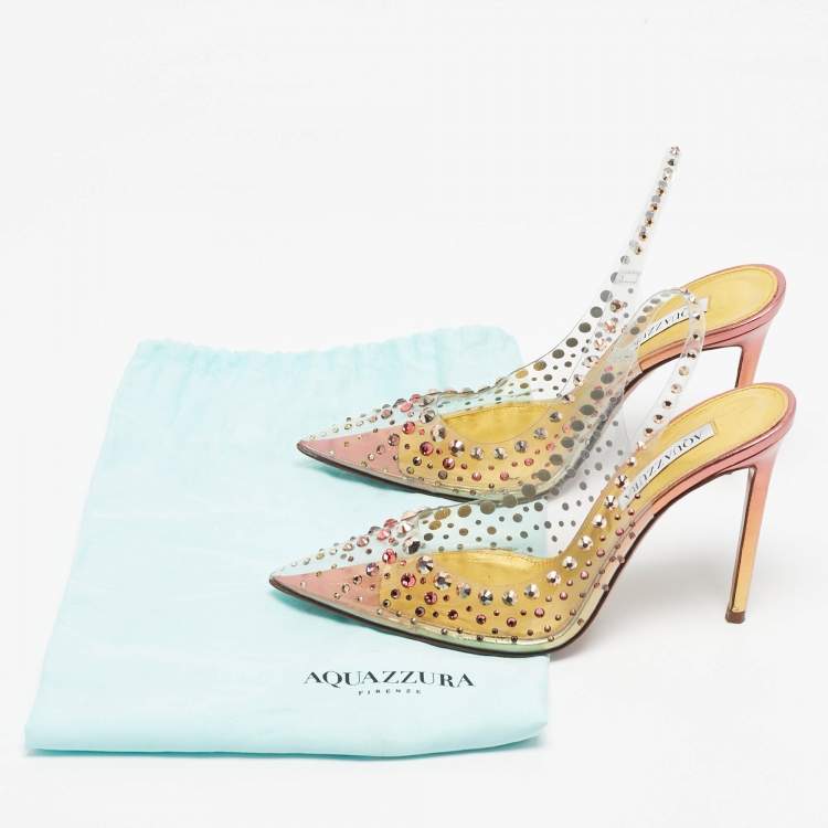 Pre Owned Aquazzura Transparent PVC Crystal Embellished Slingback Pumps Size 38.5
