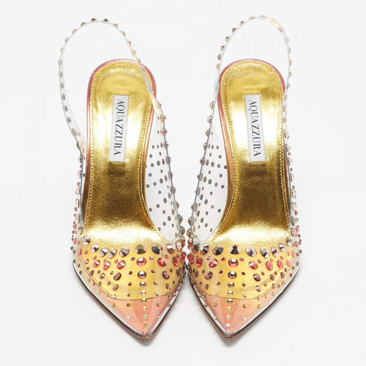 Pre Owned Aquazzura Transparent PVC Crystal Embellished Slingback Pumps Size 38.5