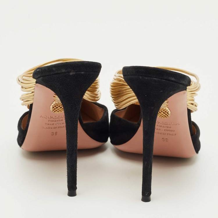 Pre Owned Aquazzura Black/Gold  Suede And Leather Rendez Vous Pointed Toe Mules Size 39