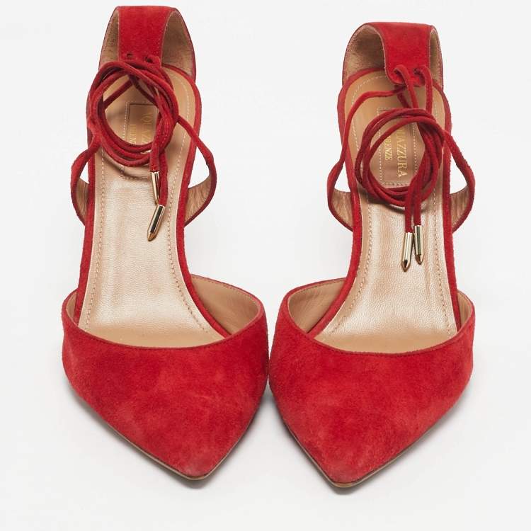 مملوكة مسبقًا Aquazzura Red Suede Matilde Ankle Wrap Pumps Size 40