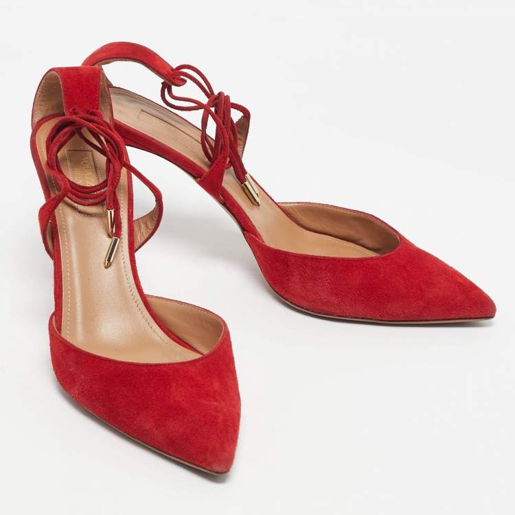 مملوكة مسبقًا Aquazzura Red Suede Matilde Ankle Wrap Pumps Size 40
