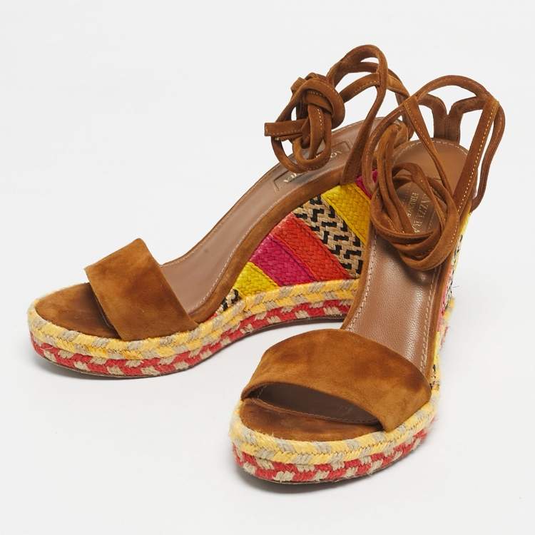 Pre Owned Aquazzura Brown Suede Baru 105 Lace Up Espadrille Wedge Sandals Size 35.5