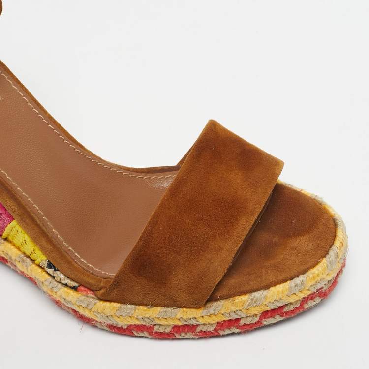 Pre Owned Aquazzura Brown Suede Baru 105 Lace Up Espadrille Wedge Sandals Size 35.5
