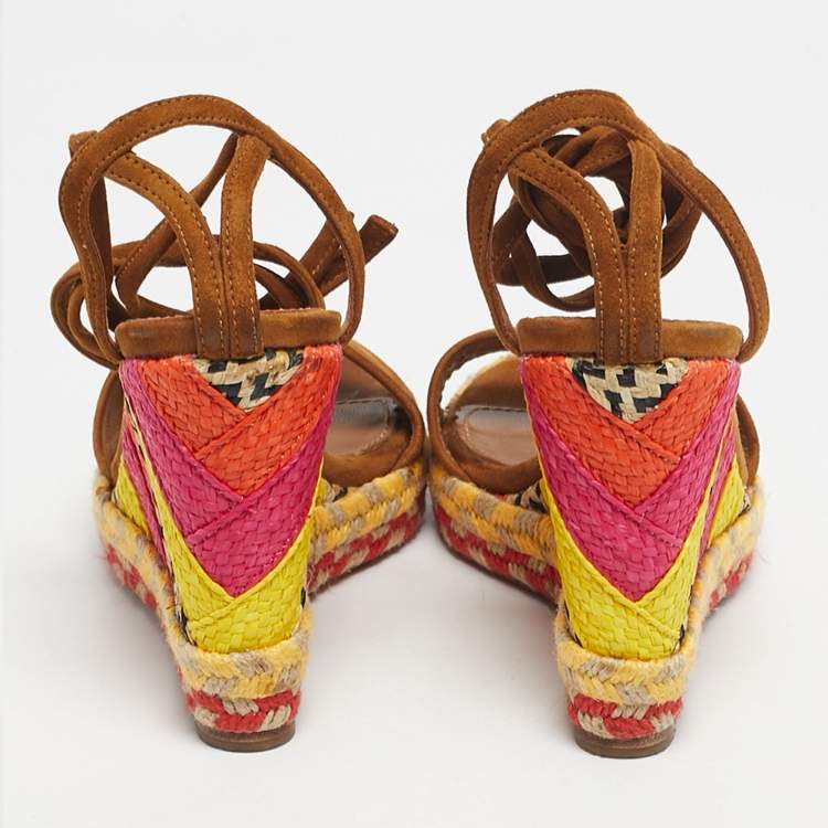 Pre Owned Aquazzura Brown Suede Baru 105 Lace Up Espadrille Wedge Sandals Size 35.5
