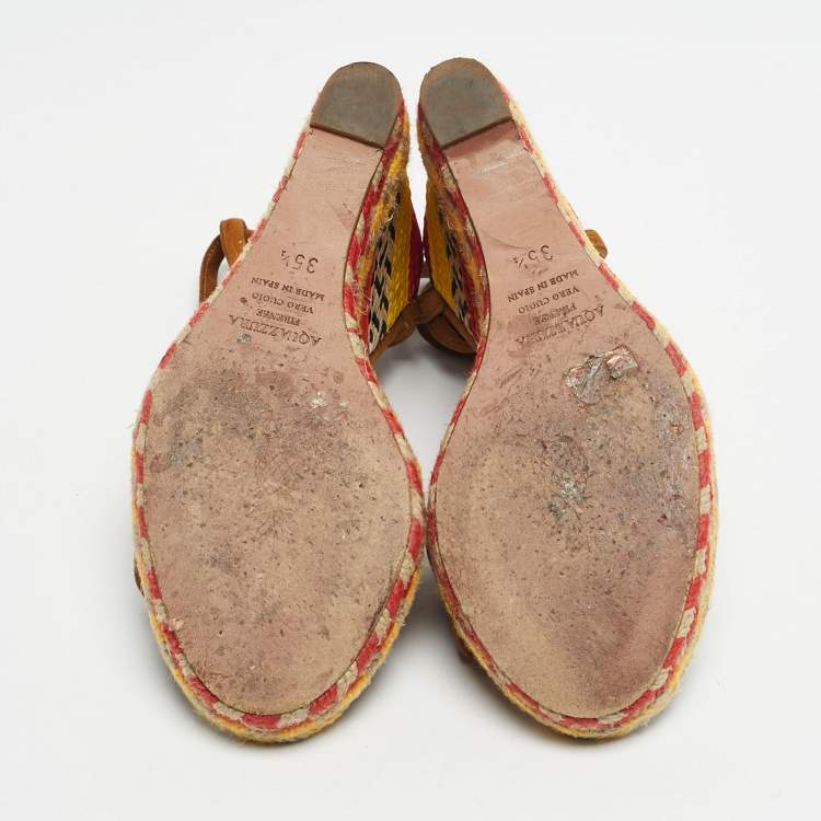 Pre Owned Aquazzura Brown Suede Baru 105 Lace Up Espadrille Wedge Sandals Size 35.5