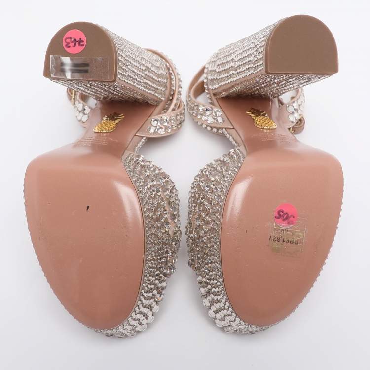 Pre Owned Aquazzura Beige Satin Crystal Embellished Sinner Platform Sandals Size 35