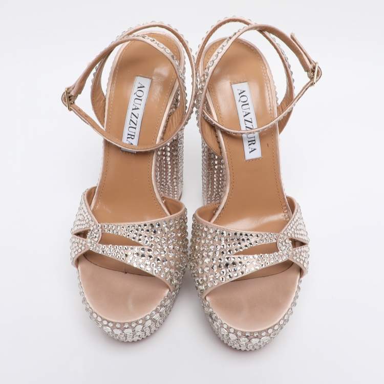 Pre Owned Aquazzura Beige Satin Crystal Embellished Sinner Platform Sandals Size 35