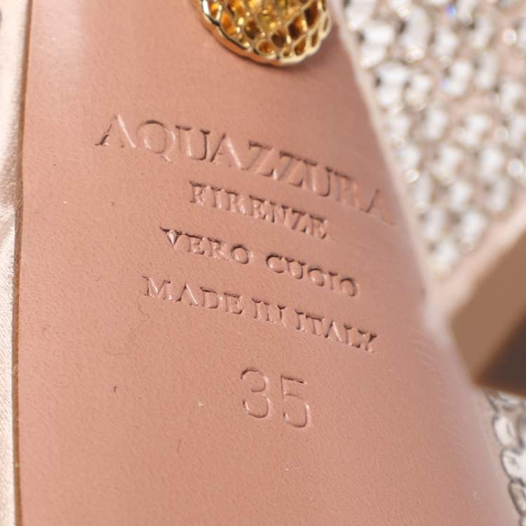 Pre Owned Aquazzura Beige Satin Crystal Embellished Sinner Platform Sandals Size 35