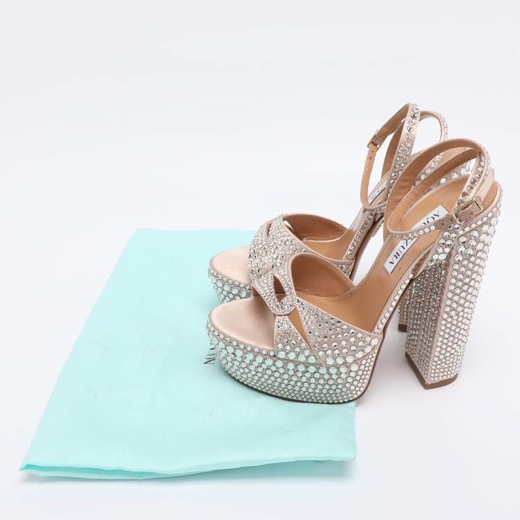 Pre Owned Aquazzura Beige Satin Crystal Embellished Sinner Platform Sandals Size 35