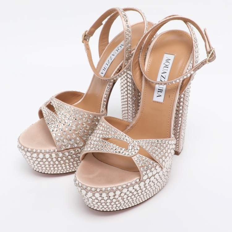 Pre Owned Aquazzura Beige Satin Crystal Embellished Sinner Platform Sandals Size 35