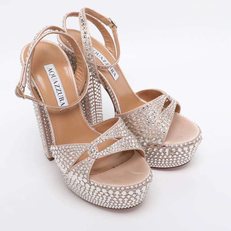 Pre Owned Aquazzura Beige Satin Crystal Embellished Sinner Platform Sandals Size 35