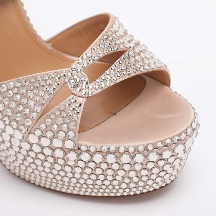 Pre Owned Aquazzura Beige Satin Crystal Embellished Sinner Platform Sandals Size 35