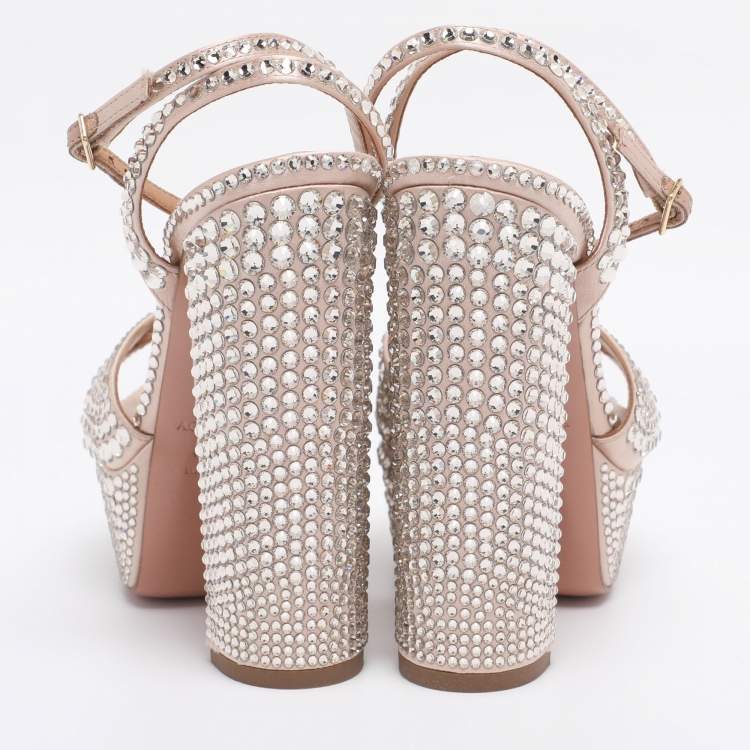 Pre Owned Aquazzura Beige Satin Crystal Embellished Sinner Platform Sandals Size 35