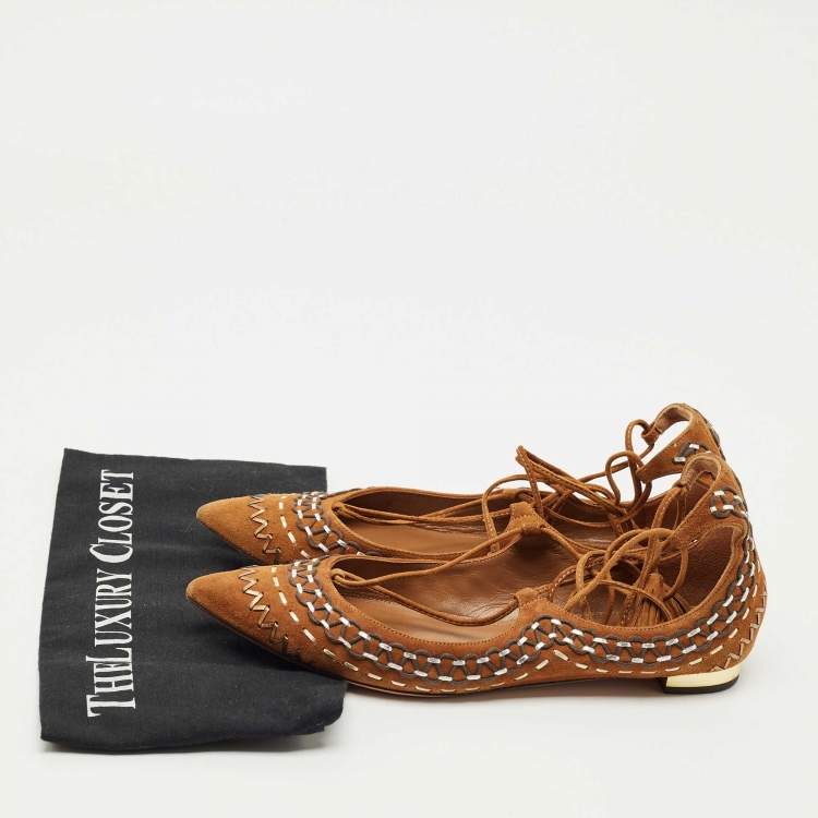 Pre Owned Aquazzura Brown Suede Ankle Wrap Ballet Flats Size 38.5
