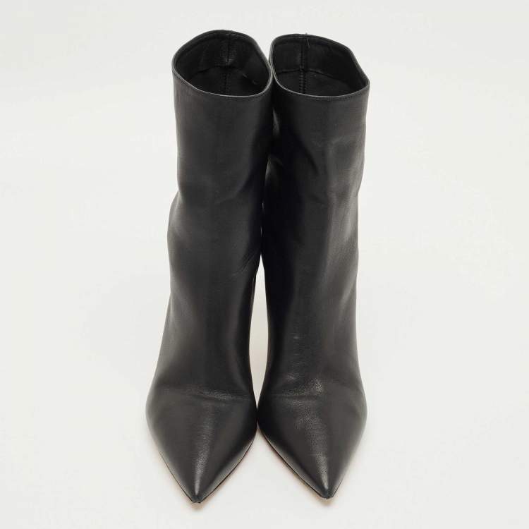Pre Owned Aquazzura Black Leather Pointed Toe Ankle Length Boots Size 37.5