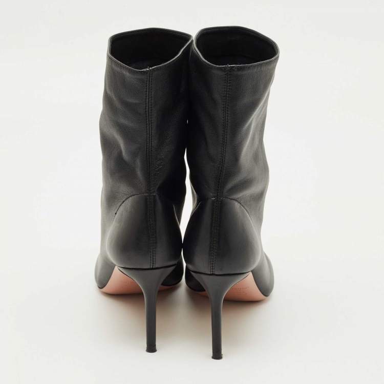 Pre Owned Aquazzura Black Leather Pointed Toe Ankle Length Boots Size 37.5