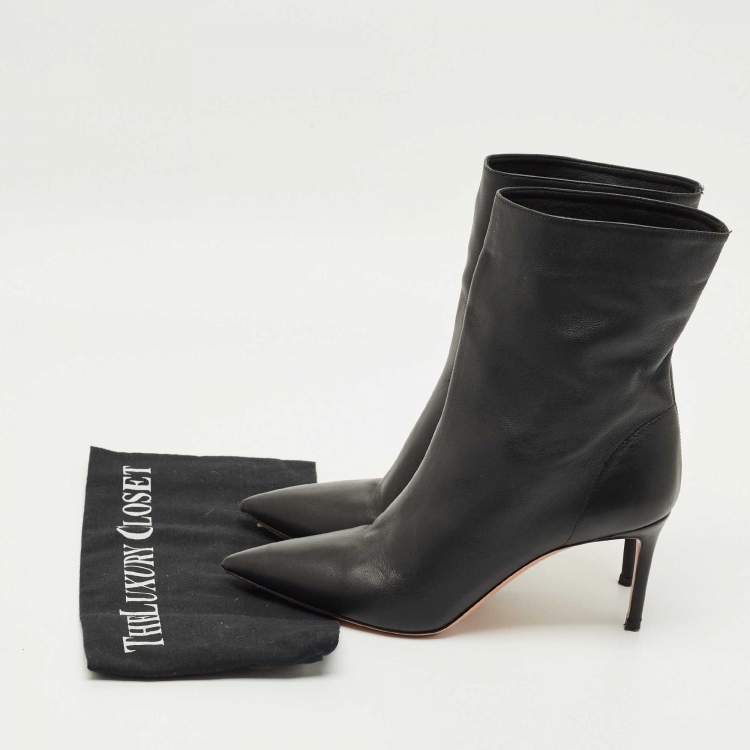 Pre Owned Aquazzura Black Leather Pointed Toe Ankle Length Boots Size 37.5