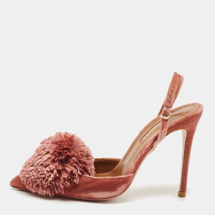 مملوكة مسبقًا Aquazzura Rose Pink Velvet Powder Puff Pom Pom Slingback Pumps Size 35