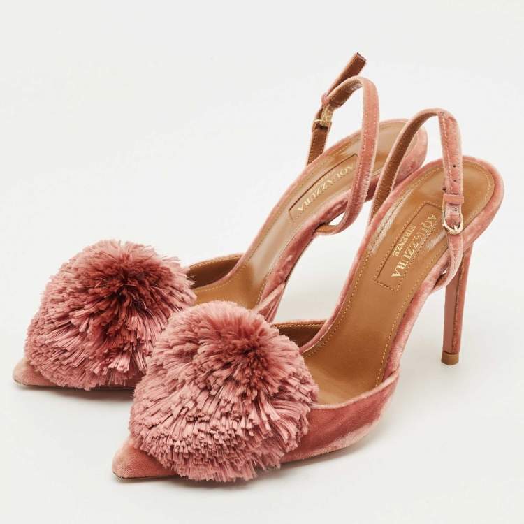 مملوكة مسبقًا Aquazzura Rose Pink Velvet Powder Puff Pom Pom Slingback Pumps Size 35